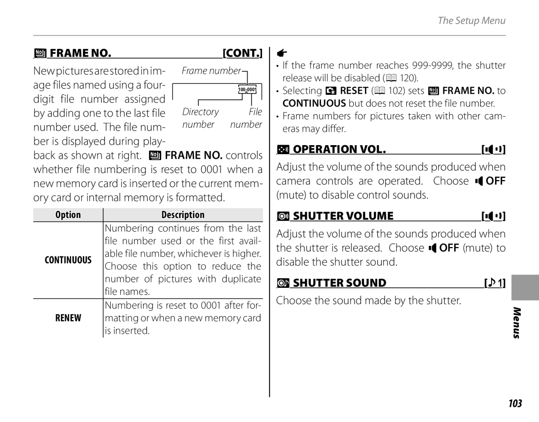 FujiFilm 16286187-4-KIT owner manual  FRAME no,  Operation Vol,  SHUTTER Volume,  SHUTTER Sound, 103 